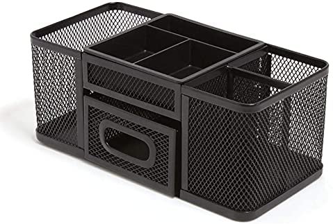 1InTheOffice Desk Supplies Organizer, Desk Caddy 7-Compartment Wire Mesh Accessory Holder, Matte Black - Image 5
