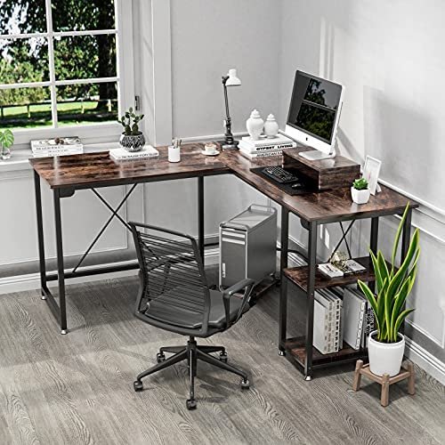 GIKPAL L-Shaped Desk Computer Corner Desk,54 inch Home Gaming Desk, Office Writing Workstation with Storage Shelves, Space-Saving, Rustic Brown - Image 2