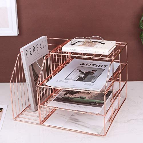 Hosaken Stackable Paper Tray, Desk File Organizer Rack for Office Supplies and Accessories, 3-Tier Letter Tray Plus Display Shelf and Magazine Holder, Rose Gold - Image 2