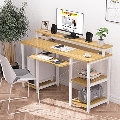 NOBLEWELL Computer Desk with Monitor Stand Storage Shelves Keyboard Tray,47" Studying Writing Table for Home Office (Bamboo) - Image 2