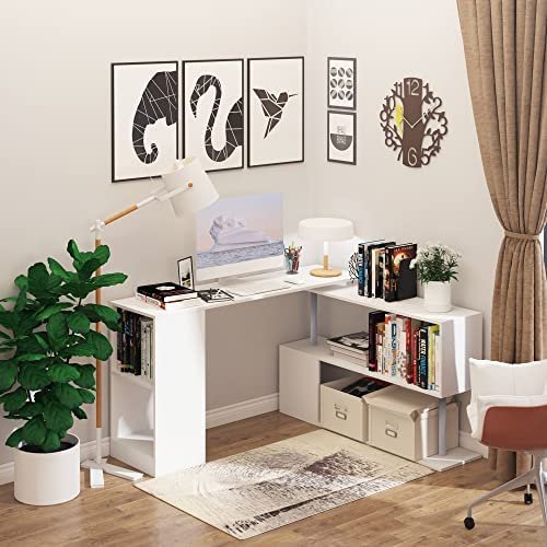 HOMCOM 55" 360° Rotating Corner Computer Desk Modern L-Shaped Home Office Workstation with 3-Tier Storage Shelves, Bookshelf, White - Image 7