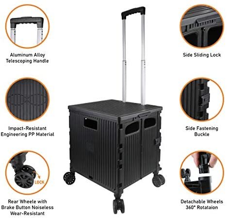 Olympia Tools Foldable Utility Cart, Grand Rolling Collapsible Storage Utility cart with Telescopic Handle , Folding Portable Rolling Wheel Trolley,80 Lb. Load Capacity, Smooth Wheels for Travel Shopping Mobile Baggage Office use ,Black - Image 3