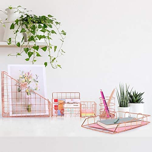 Cute Rose Gold Desk Organizer Set – with Letter Tray, folder Holder, Pen Holder, Magazine File Organizer, Sticky Notes Holder for Women and Kids(5 - Piece) - Image 3