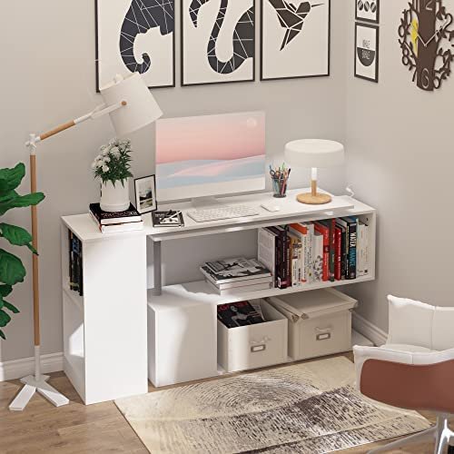HOMCOM 55" 360° Rotating Corner Computer Desk Modern L-Shaped Home Office Workstation with 3-Tier Storage Shelves, Bookshelf, White - Image 2