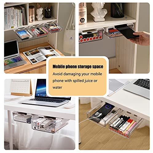 Under Desk Drawer Storage Organizer Slide Out, Hidden Self-Adhesive Office Supplies Accessories for Phone, Makeup, Pen, Calculator, Home, School, Bedroom, Kitchen, Dormitory, Dresser, Plastic Clear - Image 3