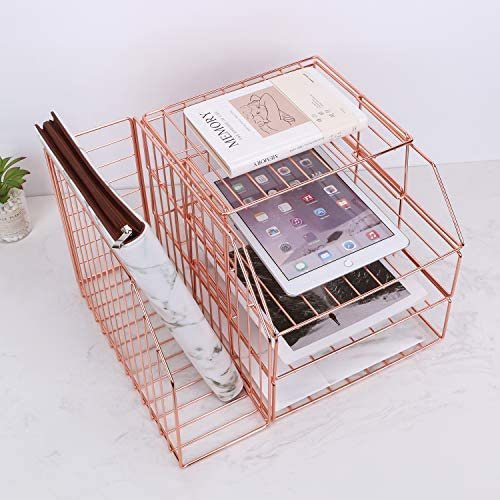 Hosaken Stackable Paper Tray, Desk File Organizer Rack for Office Supplies and Accessories, 3-Tier Letter Tray Plus Display Shelf and Magazine Holder, Rose Gold - Image 3