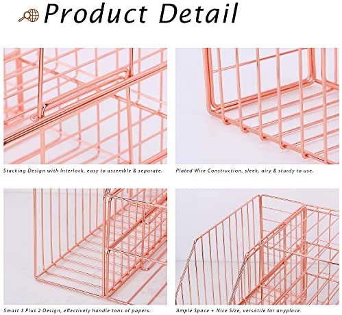 Hosaken Stackable Paper Tray, Desk File Organizer Rack for Office Supplies and Accessories, 3-Tier Letter Tray Plus Display Shelf and Magazine Holder, Rose Gold - Image 5