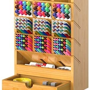 Bamboo Pen Organizer for Desk Pencil Wooden Multi-Functional Stationary Holder with 14 Compartments for Home Office Art Supply by FURNINXS