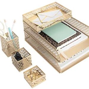 Blu Monaco Office Supplies Gold Desk Accessories for Women-6 Piece Interlocking Stylish Desk Organizer Set- Pen Cup, 3 Accessory Trays, 2 Letter Trays-Gold Office Paper Tray Holder