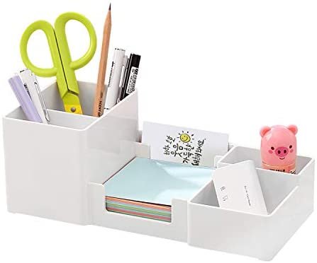 Desk Organizer, Desktop Organizer with Pencil Holders, Sticky Note Tray, Paperclip Storage and Office Accessories Caddy, Office Stationery Supplies Organizers, 6 Compartments, White