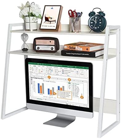 Desktop Bookshelf Wooden Bookcase ,X-cosrack Computer Desk Countertop Bookshelf Hutch Storage Organizer Shelves Rack for Office Supplies Organizer, Home Decor 2-Tier White