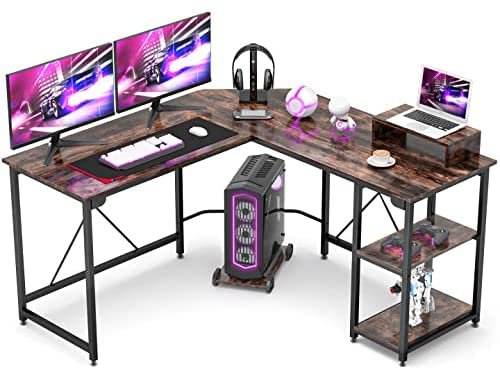 GIKPAL L-Shaped Desk Computer Corner Desk,54 inch Home Gaming Desk, Office Writing Workstation with Storage Shelves, Space-Saving, Rustic Brown