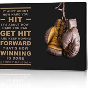 HB Art Design Rocky Balboa Motivational Quote Wall Art Canvas Wall Art Print Inspirational Brown Old Boxing Gloves Keep Moving Forward Entrepreneur Office Decor Father Man Gift Ready to Hang – 19×28