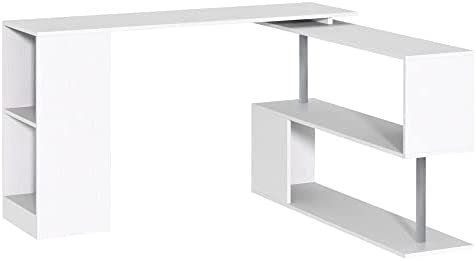 HOMCOM 55" 360° Rotating Corner Computer Desk Modern L-Shaped Home Office Workstation with 3-Tier Storage Shelves, Bookshelf, White