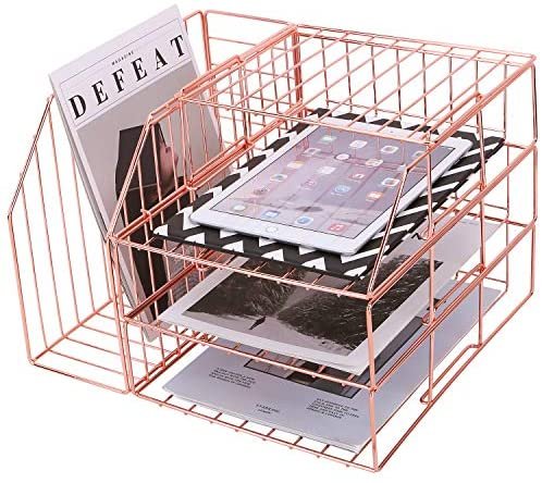 Hosaken Stackable Paper Tray, Desk File Organizer Rack for Office Supplies and Accessories, 3-Tier Letter Tray Plus Display Shelf and Magazine Holder, Rose Gold