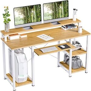 NOBLEWELL Computer Desk with Monitor Stand Storage Shelves Keyboard Tray，47″ Studying Writing Table for Home Office (Bamboo)