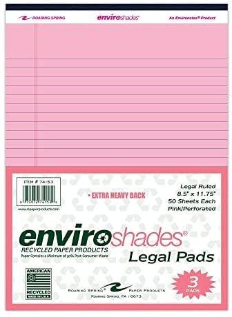 Roaring Spring Enviroshades Recycled Legal Pads, 3 Pack, 8.5" x 11.75" 50 Sheets, Pink