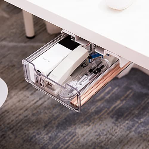Under Desk Drawer Storage Organizer Slide Out, Hidden Self-Adhesive Office Supplies Accessories for Phone, Makeup, Pen, Calculator, Home, School, Bedroom, Kitchen, Dormitory, Dresser, Plastic Clear