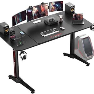 VITESSE VIT 63 Inch Ergonomic Gaming Desk, T-Shaped Office PC Computer Desk with Desk Mouse Pad, Gamer Tables Pro with USB Gaming Handle Rack, Stand Cup Holder&Headphone Hook (63 inch, Black).