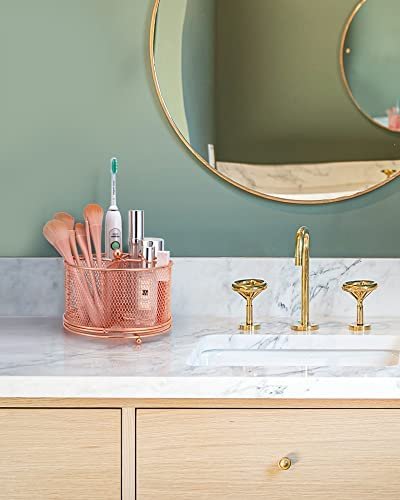 Pencil Holder Rose Gold, Varhomax Rotating Makeup Brush Pen Holder for Desk, Multiple Use 4 Compartments Mesh Organizer for Home Office Supplies and Accessories with Large Storage Capacity - Image 5