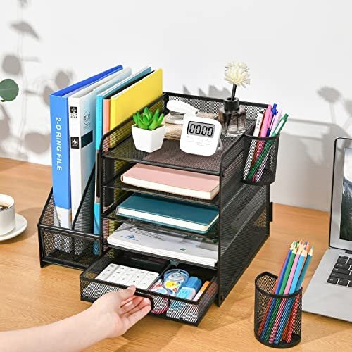 Marbrasse Desk Organizer with File Holder, 5-Tier Paper Letter Tray Organizer with Drawer and 2 Pen Holder, Mesh Desktop Organizer and Storage with Magazine Holder for Office Supplies (Black) - Image 5