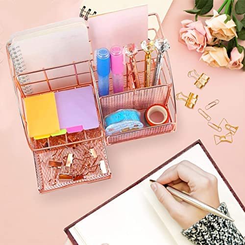 Rose Gold Desk Supplies Organizer, Multi-functional Mesh Desk Organizer with 6 Compartments & Desk Drawer Organizer for Office Supplies and Desk Accessories - Image 4