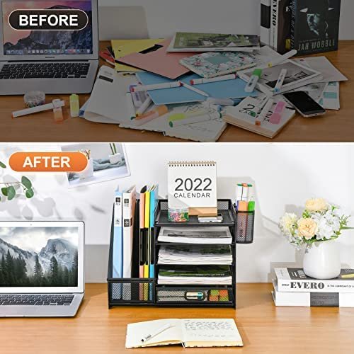 Marbrasse Desk Organizer with File Holder, 5-Tier Paper Letter Tray Organizer with Drawer and 2 Pen Holder, Mesh Desktop Organizer and Storage with Magazine Holder for Office Supplies (Black) - Image 7