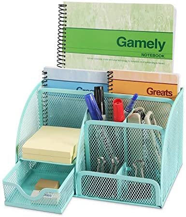 Flexzion Desk Organizer Office Supplies Accessories Desktop Tabletop Sorter Shelf Pencil Holder Caddy Set - Metal Mesh with Drawer and 6 Compartments (Turquoise Aqua Blue) - Image 5