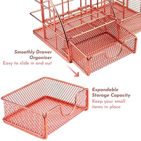 Rose Gold Desk Supplies Organizer, Multi-functional Mesh Desk Organizer with 6 Compartments & Desk Drawer Organizer for Office Supplies and Desk Accessories - Image 2