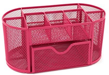Mesh Desk Organizer Office Supply Caddy Drawer with Pen Holder Collection Pink - Image 2