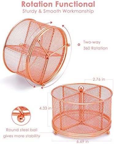 Pencil Holder Rose Gold, Varhomax Rotating Makeup Brush Pen Holder for Desk, Multiple Use 4 Compartments Mesh Organizer for Home Office Supplies and Accessories with Large Storage Capacity - Image 2