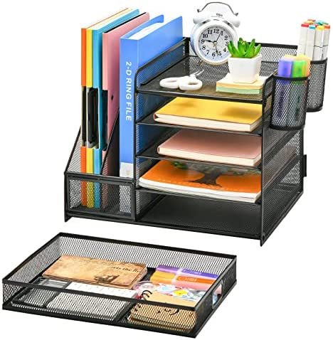 Marbrasse Desk Organizer with File Holder, 5-Tier Paper Letter Tray Organizer with Drawer and 2 Pen Holder, Mesh Desktop Organizer and Storage with Magazine Holder for Office Supplies (Black) - Image 2