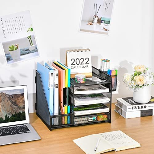 Marbrasse Desk Organizer with File Holder, 5-Tier Paper Letter Tray Organizer with Drawer and 2 Pen Holder, Mesh Desktop Organizer and Storage with Magazine Holder for Office Supplies (Black) - Image 3
