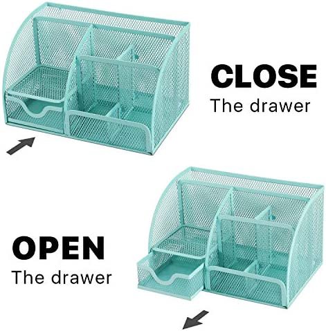 Flexzion Desk Organizer Office Supplies Accessories Desktop Tabletop Sorter Shelf Pencil Holder Caddy Set - Metal Mesh with Drawer and 6 Compartments (Turquoise Aqua Blue) - Image 4