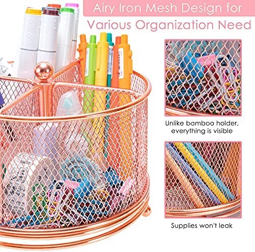 Pencil Holder Rose Gold, Varhomax Rotating Makeup Brush Pen Holder for Desk, Multiple Use 4 Compartments Mesh Organizer for Home Office Supplies and Accessories with Large Storage Capacity - Image 6