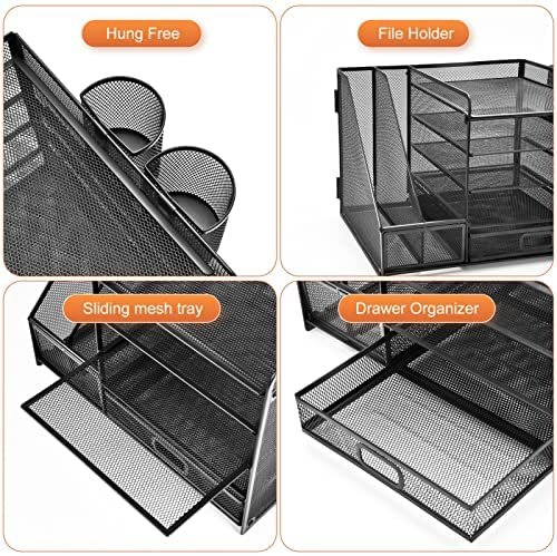 Marbrasse Desk Organizer with File Holder, 5-Tier Paper Letter Tray Organizer with Drawer and 2 Pen Holder, Mesh Desktop Organizer and Storage with Magazine Holder for Office Supplies (Black) - Image 4