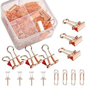 Binder Clips Paper Clips Push Pins Sets, 4 Styles 171 Pcs Rose Gold Office Supplies
