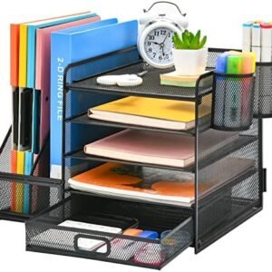 Marbrasse Desk Organizer with File Holder, 5-Tier Paper Letter Tray Organizer with Drawer and 2 Pen Holder, Mesh Desktop Organizer and Storage with Magazine Holder for Office Supplies (Black) Marbrasse Desk Organizer with File Holder, 5-Tier Paper Letter Tray Organizer with Drawer and 2 Pen Holder, Mesh Desktop Organizer and Storage with Magazine Holder for Office Supplies (Black)
