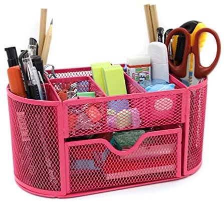 Mesh Desk Organizer Office Supply Caddy Drawer with Pen Holder Collection Pink