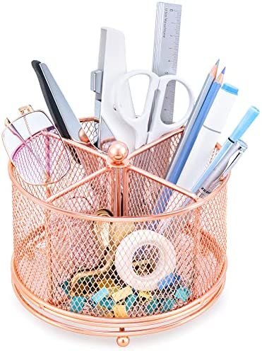 Pencil Holder Rose Gold, Varhomax Rotating Makeup Brush Pen Holder for Desk, Multiple Use 4 Compartments Mesh Organizer for Home Office Supplies and Accessories with Large Storage Capacity