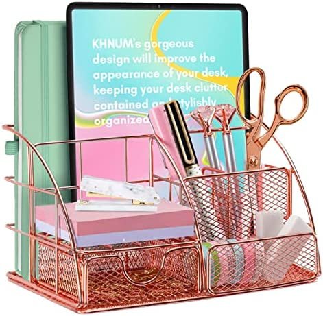 Rose Gold Desk Supplies Organizer, Multi-functional Mesh Desk Organizer with 6 Compartments & Desk Drawer Organizer for Office Supplies and Desk Accessories