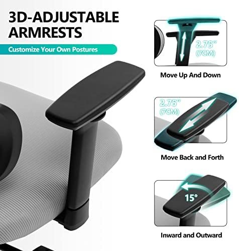 Ergonomic Office Chair, KERDOM Home Desk Chair, Comfy Breathable Mesh Task Chair, High Back Thick Cushion Computer Chair with Headrest and 4D Armrests, Adjustable Height Home Gaming Chair F-Grey - Image 5