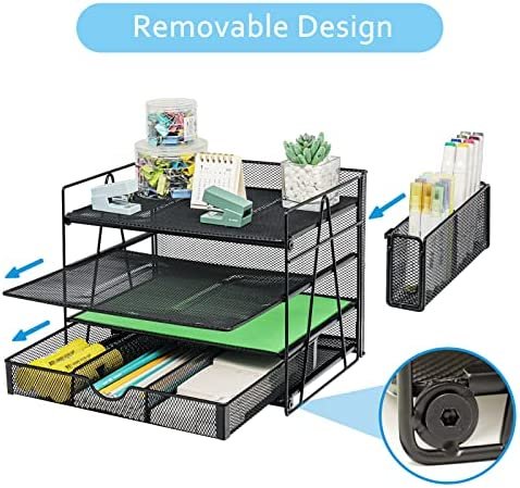 4 Tier Mesh Desk Organizers with Pen Holder, Desk File Organizer with Drawers, Desk Organizers and Accessories, Office Supplies Desktop Storage Paper Organizer Rack for Office Home - Image 3