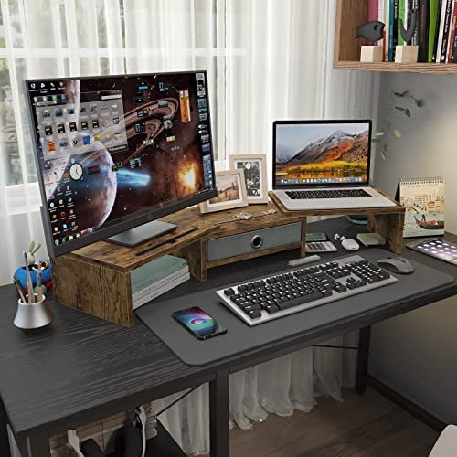 ORLALAR Dual Monitor Stand with Drawer, Computer Monitor Riser with 3 Storage Shelf, Desktop Organizer Office Supplies for PC Monitor Riser, Rustic Brown - Image 3