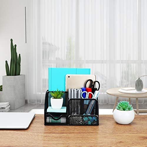 Desk Organizer, Wellerly Office Supplies Desk Organization Accessories Pen Holder Organizers Set Multi-Functional Mesh Storage Caddy with 6 Compartments + 1 Drawer for Office School Home Supply - Image 3