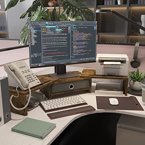 ORLALAR Dual Monitor Stand with Drawer, Computer Monitor Riser with 3 Storage Shelf, Desktop Organizer Office Supplies for PC Monitor Riser, Rustic Brown - Image 4