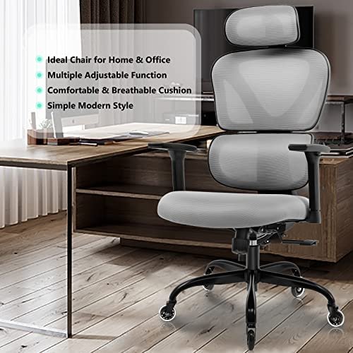 Ergonomic Office Chair, KERDOM Home Desk Chair, Comfy Breathable Mesh Task Chair, High Back Thick Cushion Computer Chair with Headrest and 4D Armrests, Adjustable Height Home Gaming Chair F-Grey - Image 2