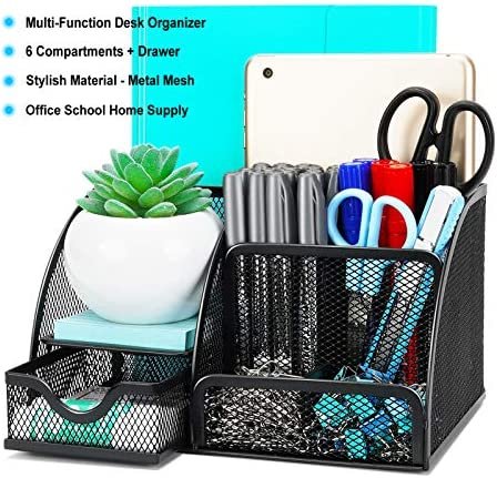 Desk Organizer, Wellerly Office Supplies Desk Organization Accessories Pen Holder Organizers Set Multi-Functional Mesh Storage Caddy with 6 Compartments + 1 Drawer for Office School Home Supply - Image 2