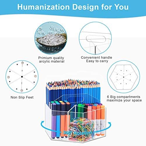 Marbrasse Acrylic Pen Holder, 360-degree Rotating Clear Pen Organizer for Desk, Desktop Stationery Organizer Caddy for Office School Home & Art Supplies (Acrylic Hexagon) - Image 4