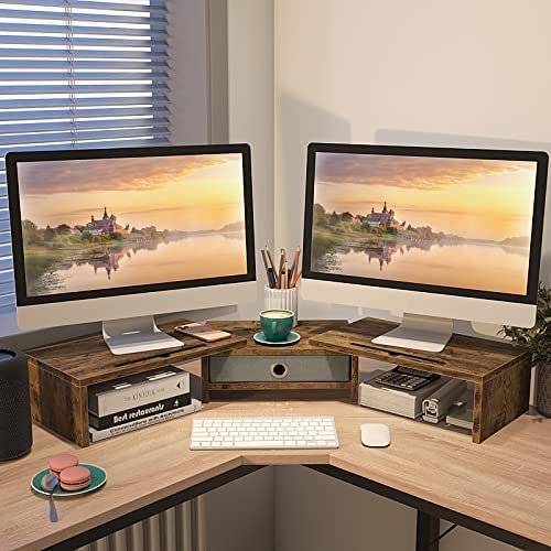 ORLALAR Dual Monitor Stand with Drawer, Computer Monitor Riser with 3 Storage Shelf, Desktop Organizer Office Supplies for PC Monitor Riser, Rustic Brown - Image 2